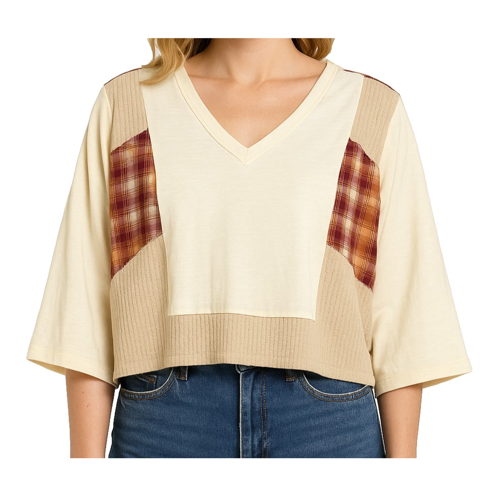 POL NWOT Patchwork V-Neck Top Size M Boho Cream Plaid Boxy Cropped 3/4 Sleeve